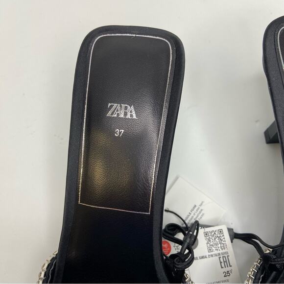 New Zara Crystal Trim Open Square Toe Black Satin Mule Slide Sandals Size 6.5 - Picture 12 of 15